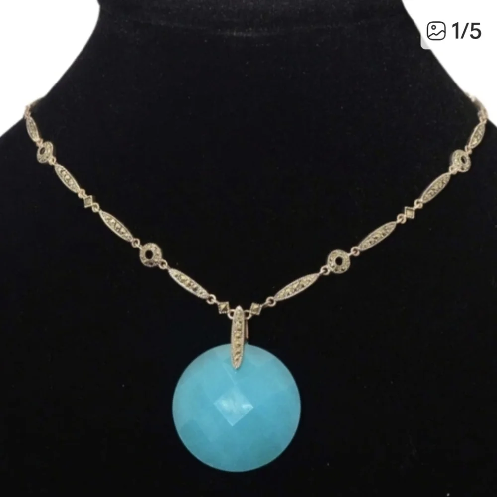 Aqua Teal Faceted Judith‎ Jack Pendant Necklace Marcasite .925 Sterling - Picture 6 of 6